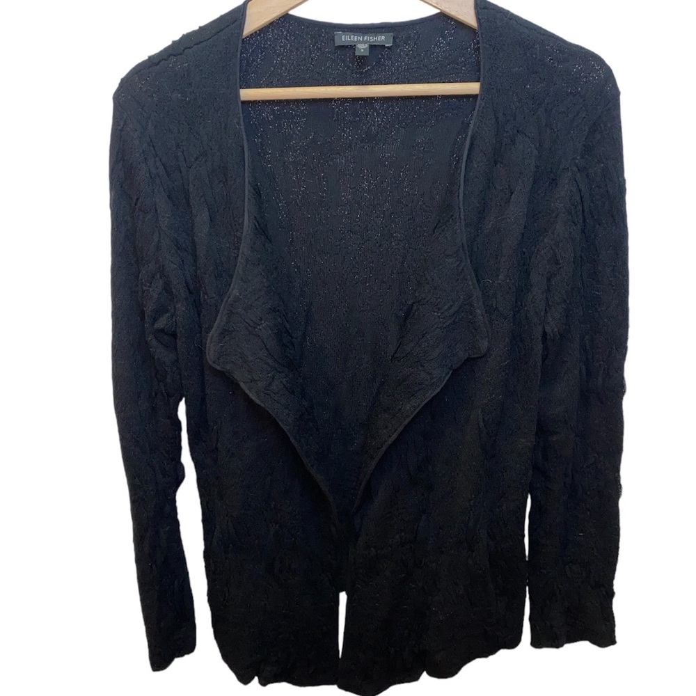 EILEEN FISHER Black Textured Stretch Open Drape Front Cardigan Sweater
